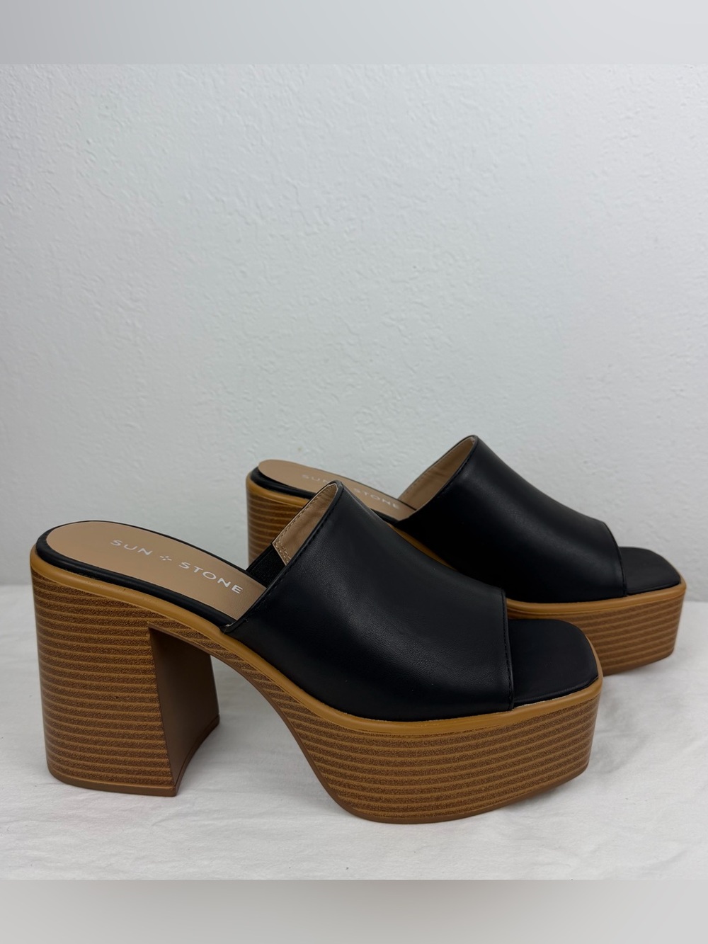 Sun + Stone Black Faux Leather Platform Slide Sandals